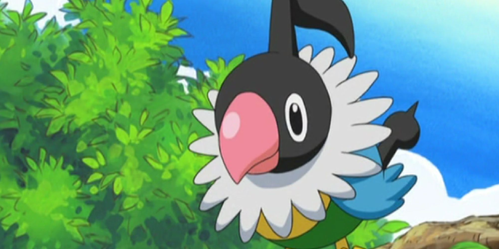 Chatot sitting on a tree branch in the anime