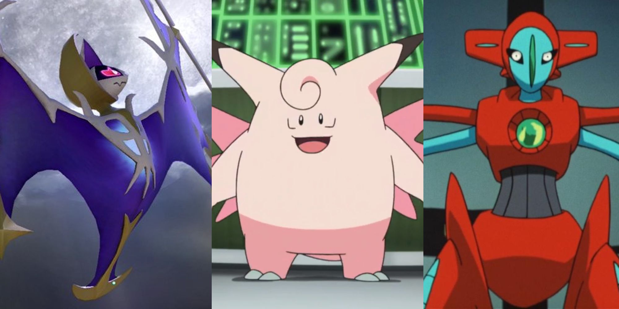 Lunala in the sky in Super Smash Bros Ultimate; Clefable from the Pokemon anime; Deoxys in the Pokemon anime