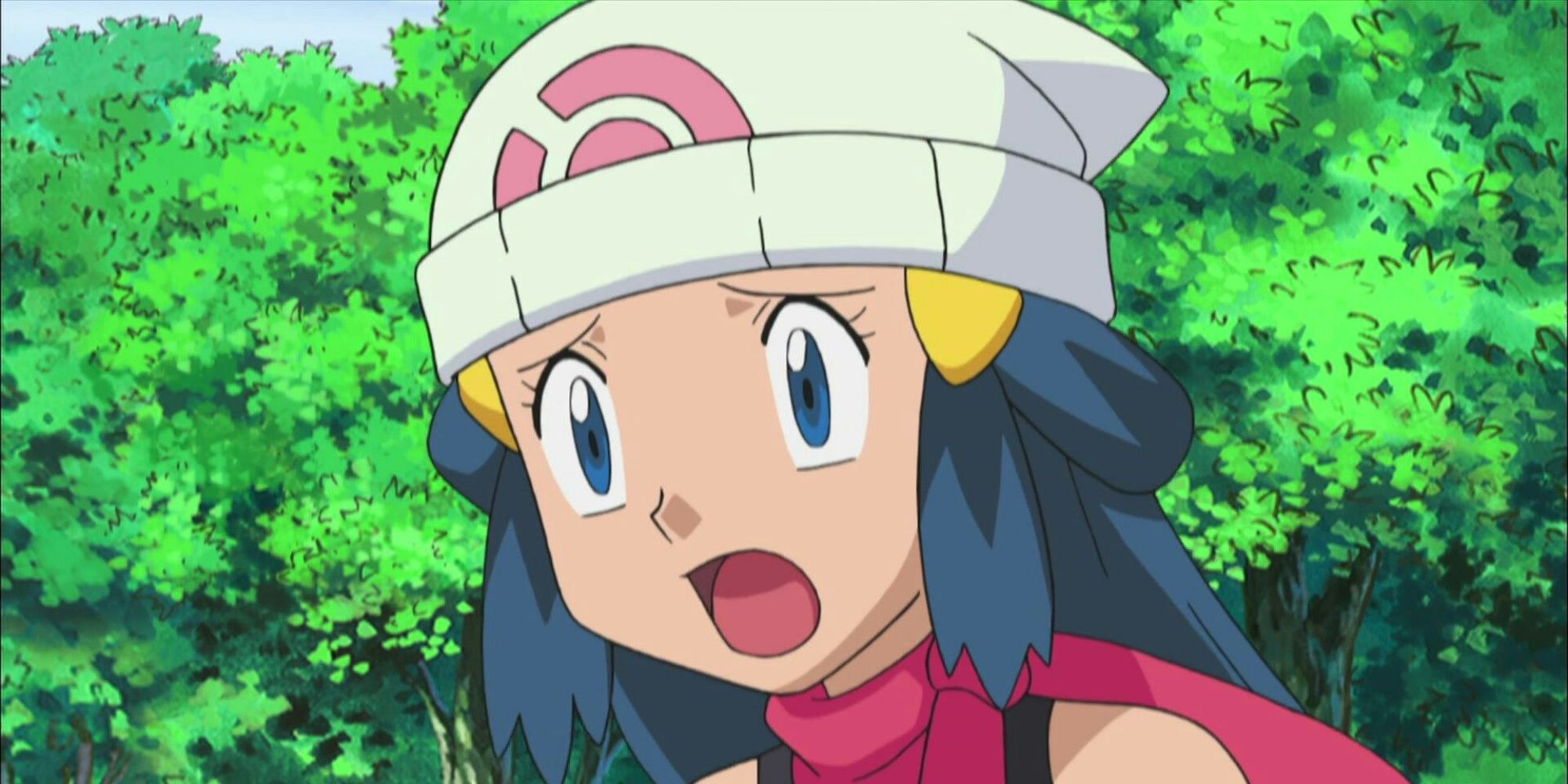 Pokemon anime Dawn looking fearfully at something off-screen