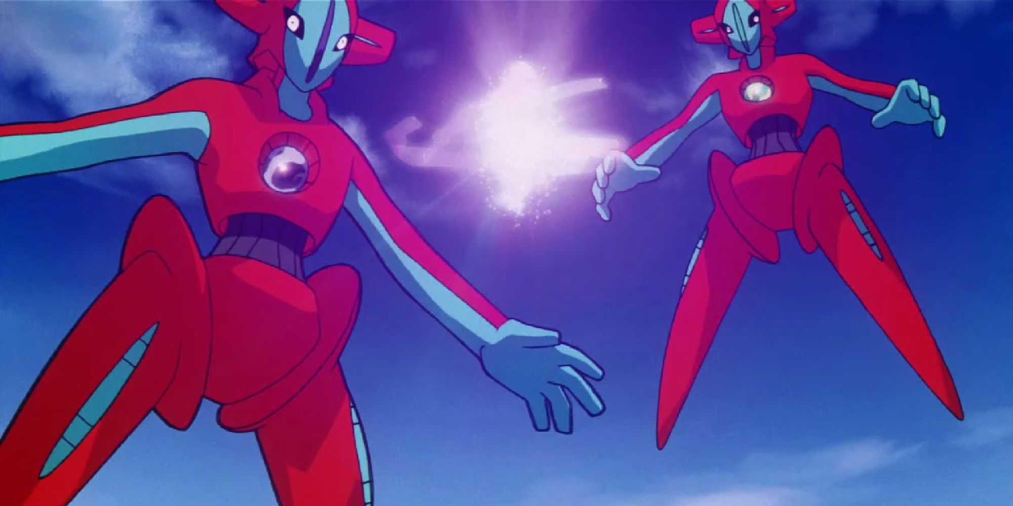 Two Normal-form Deoxys hovering in mid-air in the Pokemon movie Destiny of Deoxys