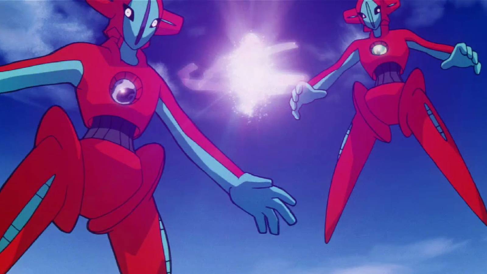 Two Normal-form Deoxys hovering in mid-air in the Pokemon movie Destiny of Deoxys