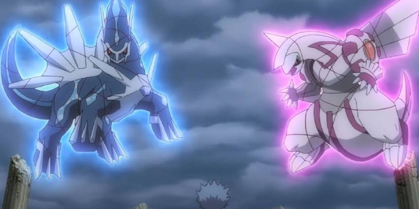 Dialga and Palkia being telekinetically held in mid-air in the anime