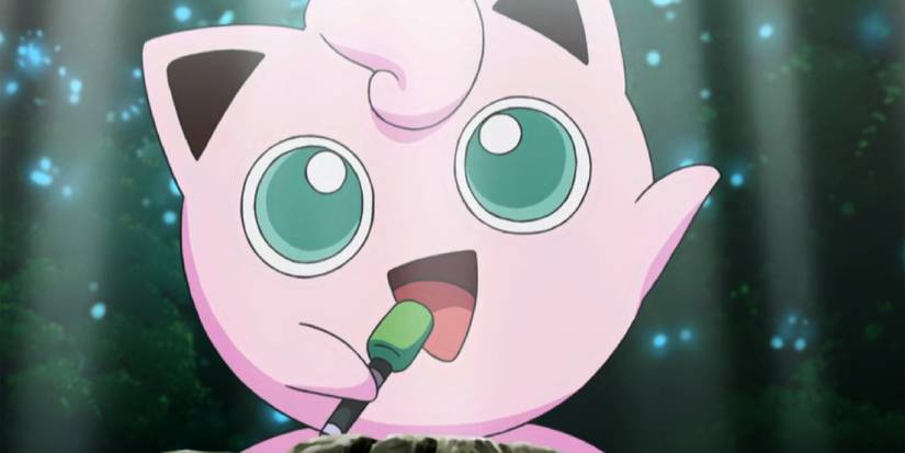 Jigglypuff singing a song with its microphone in the anime