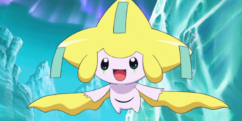 Jirachi flying in an icy tundra in the Pokemon anime