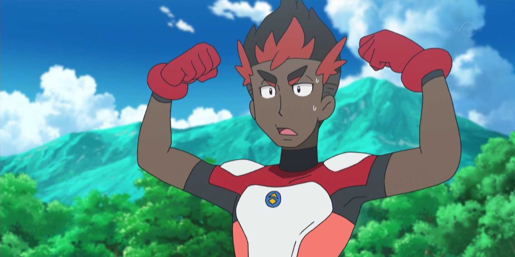 Pokemon anime Kiawe posing in his Ultra Guardian suit