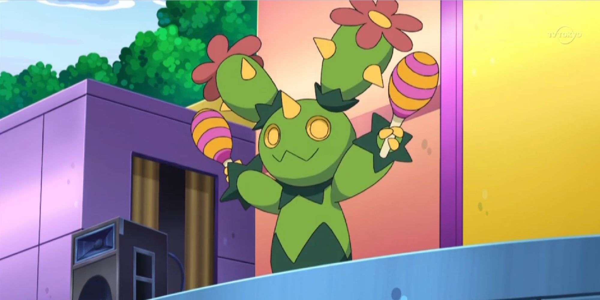 Maractus holding two maracas in a town in the anime