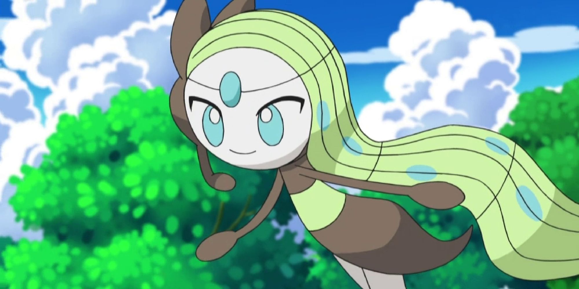 Meloetta flying in mid-air in a forest in the anime