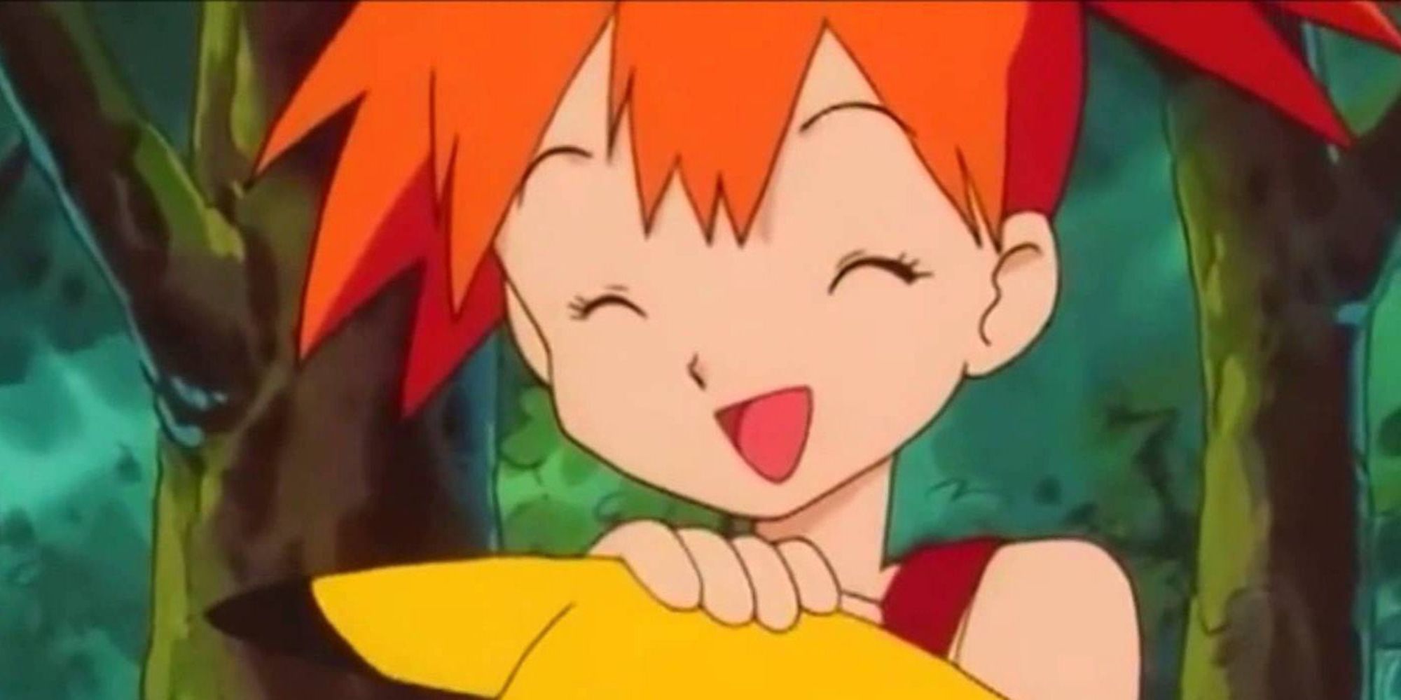 Pokemon anime Misty laughing while petting Pikachu