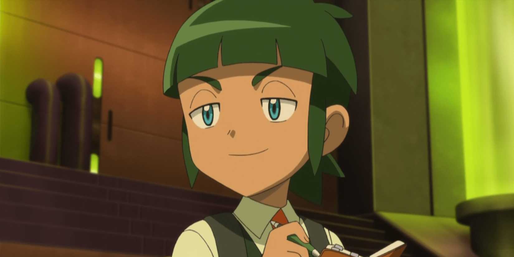 Pokemon animation Sawyer smiling while writing on a notepad