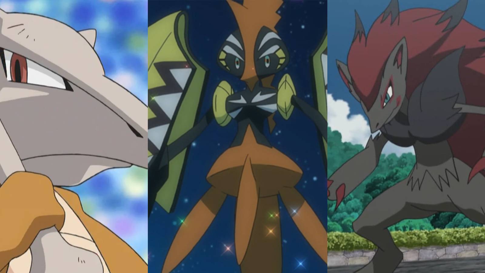 Kantonian Marowak during a stadium battle; Tapu Koko mid-air at night; Zoroark mid-Trainer battle