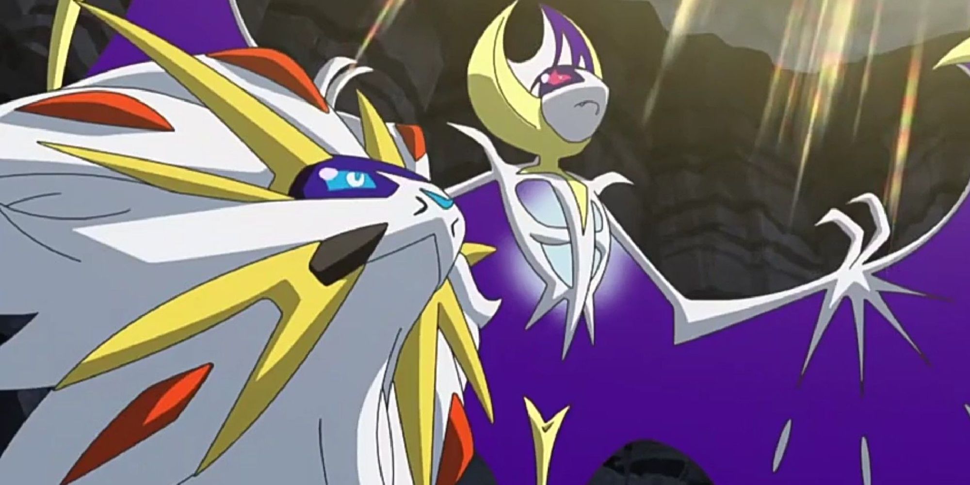 Solgaleo and Lunala bravely facing the same direction from the anime