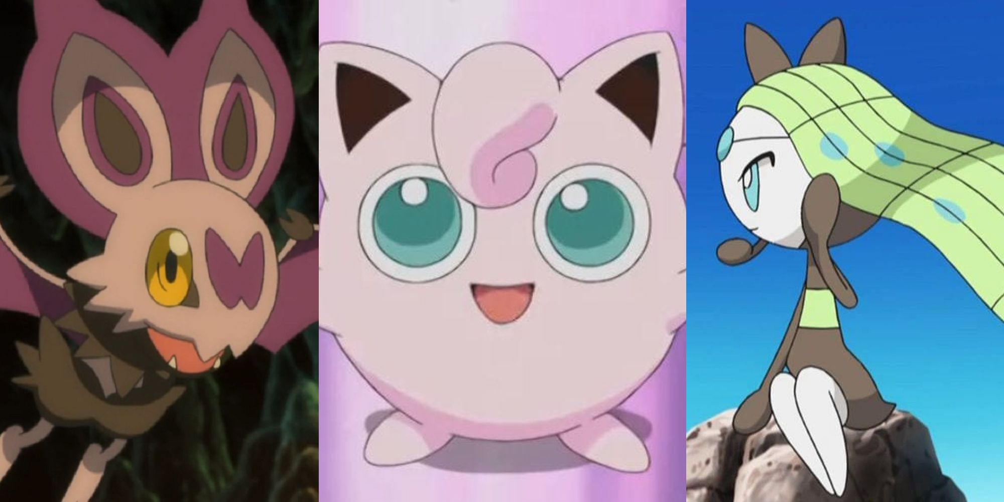 Noibat flying in the anime; Jigglypuff with its microphone in the anime; Meloetta sitting on a rock in the anime