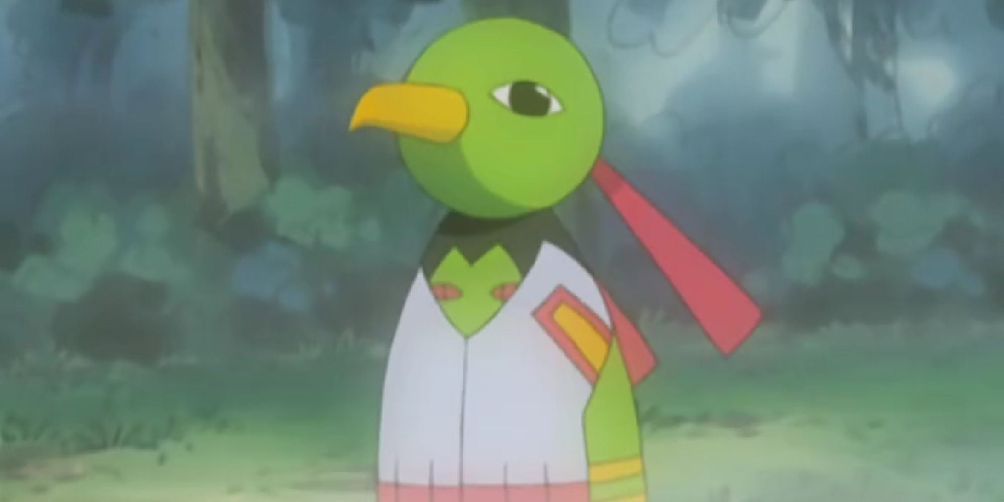 Xatu standing in a misty forest in the Pokemon anime