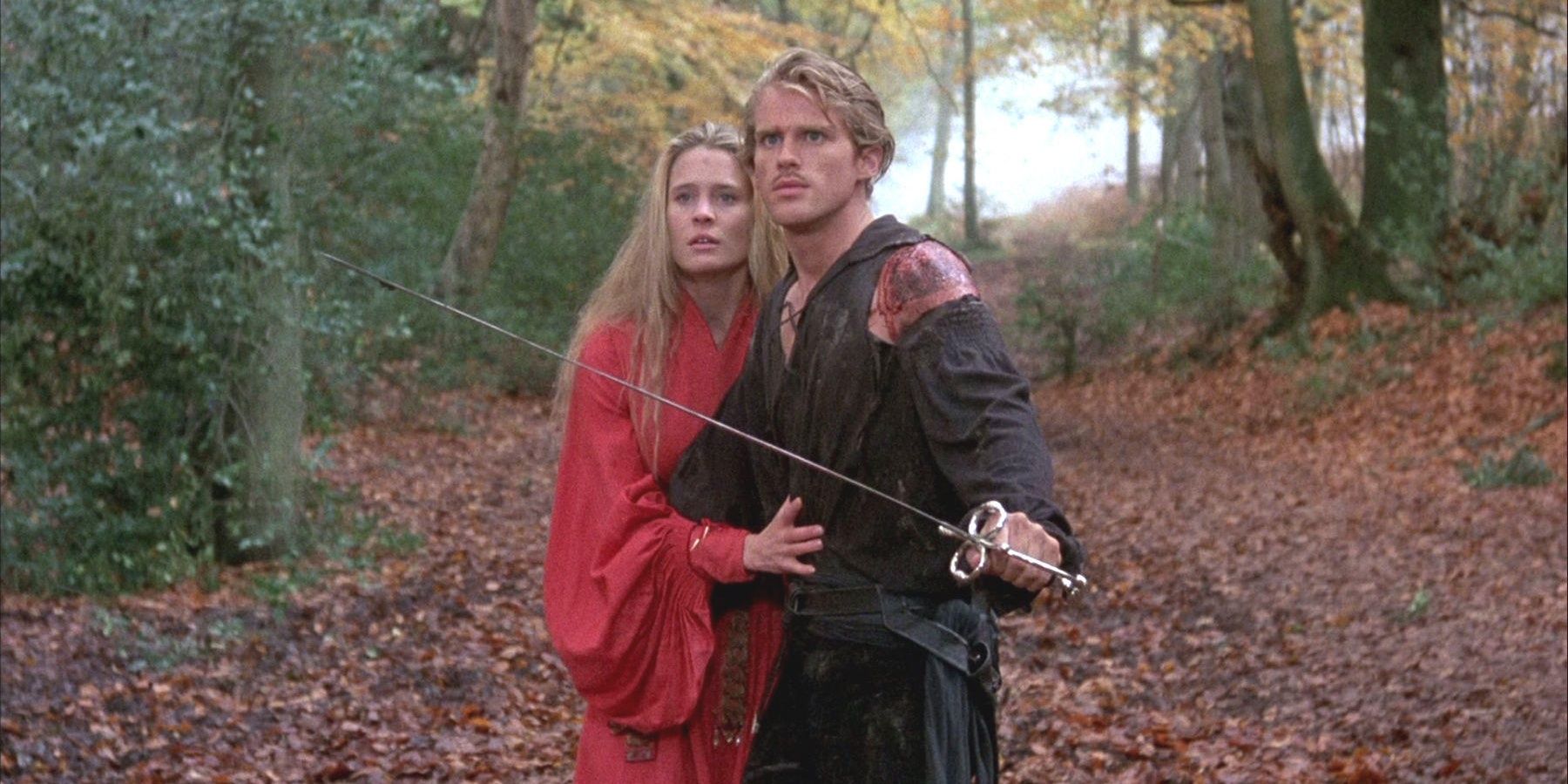 Westley draws his sword to protect Buttercup in the forest, from the movie The Princess Bride