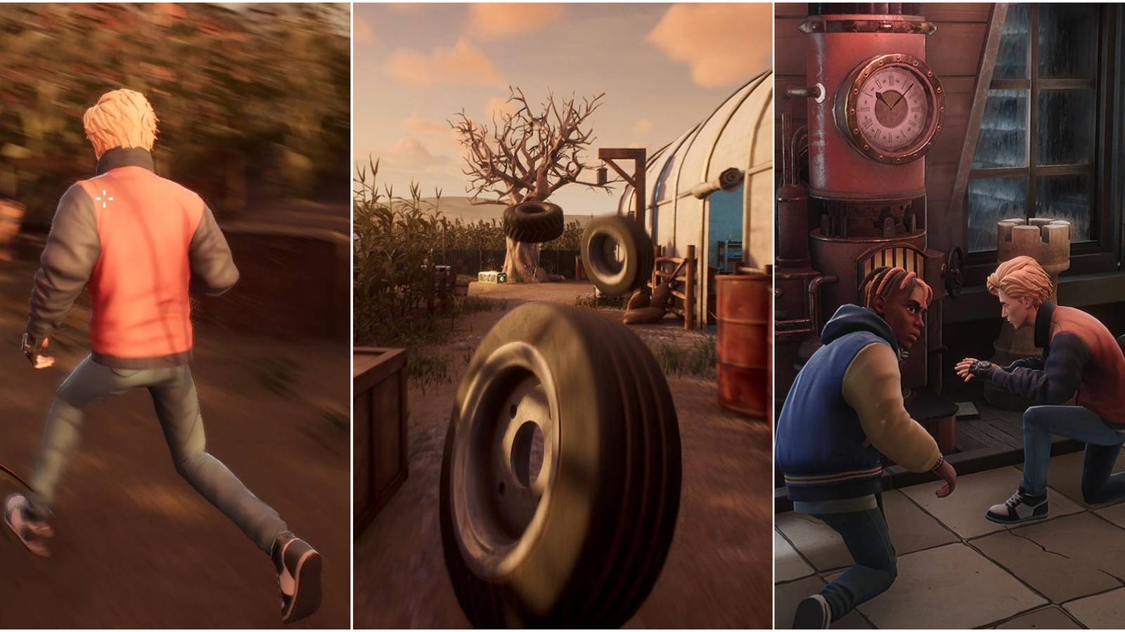 Propnight - A joined image of a player running away, a tire, and fixing a Propmachine.