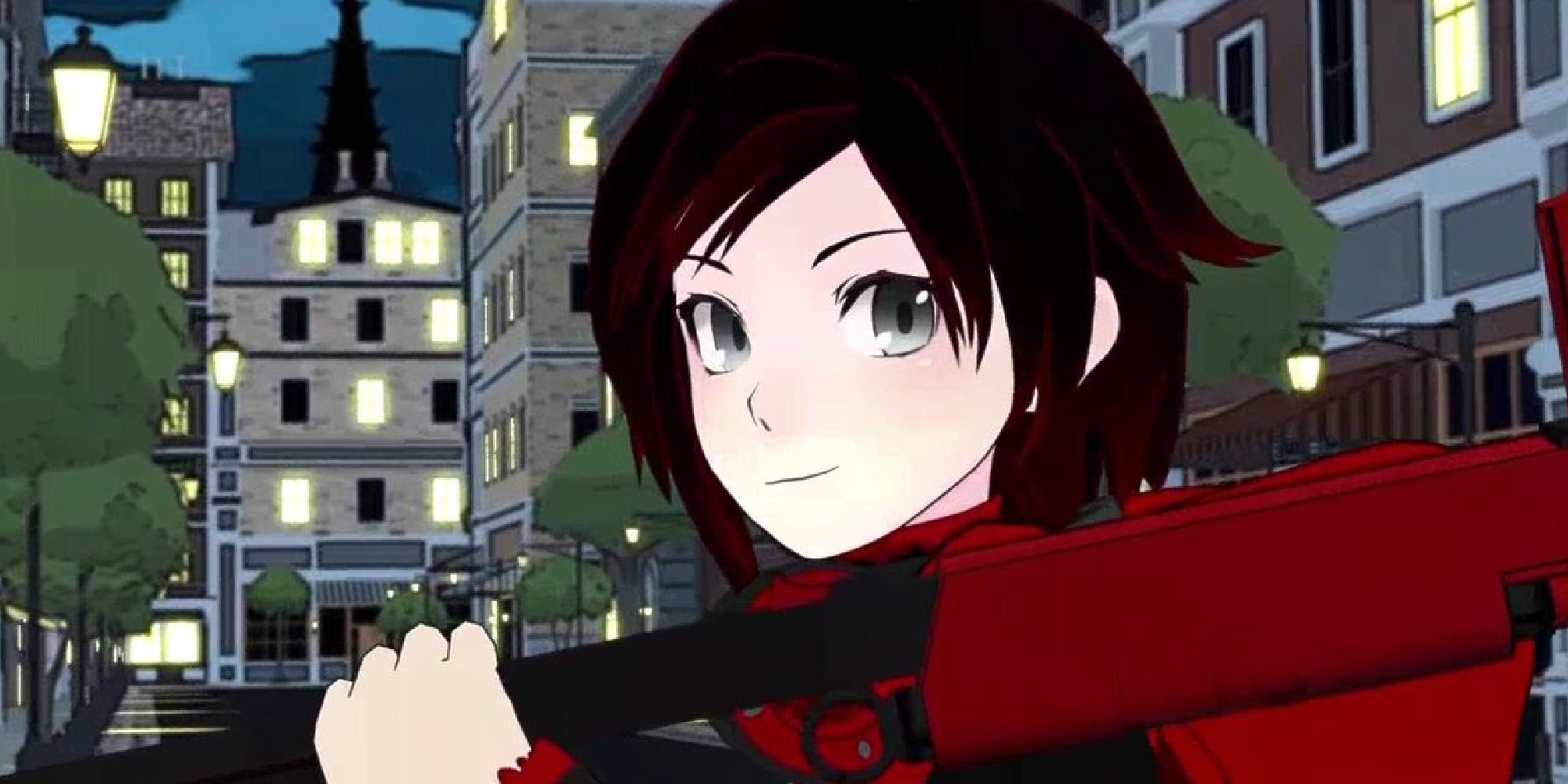 Ruby Rose holding her scythe/sniper rifle hybrid on the street at night