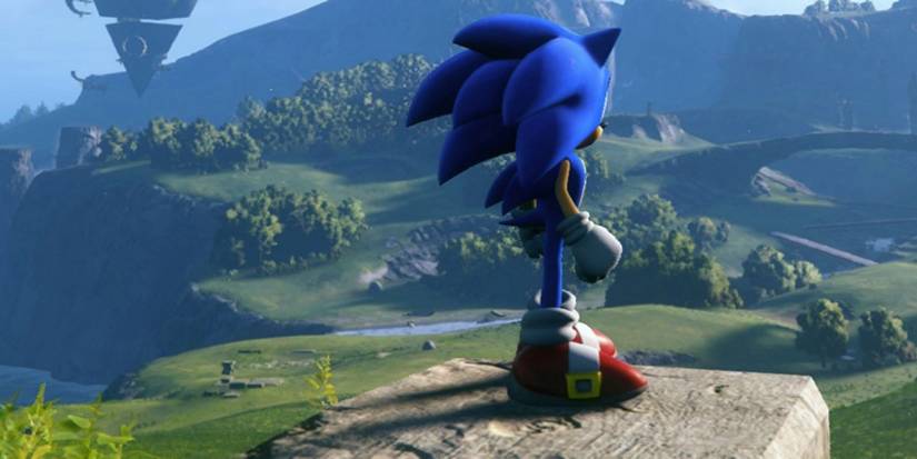 A close up of Sonic looking out over the Starfall Islands in Sonic Frontiers