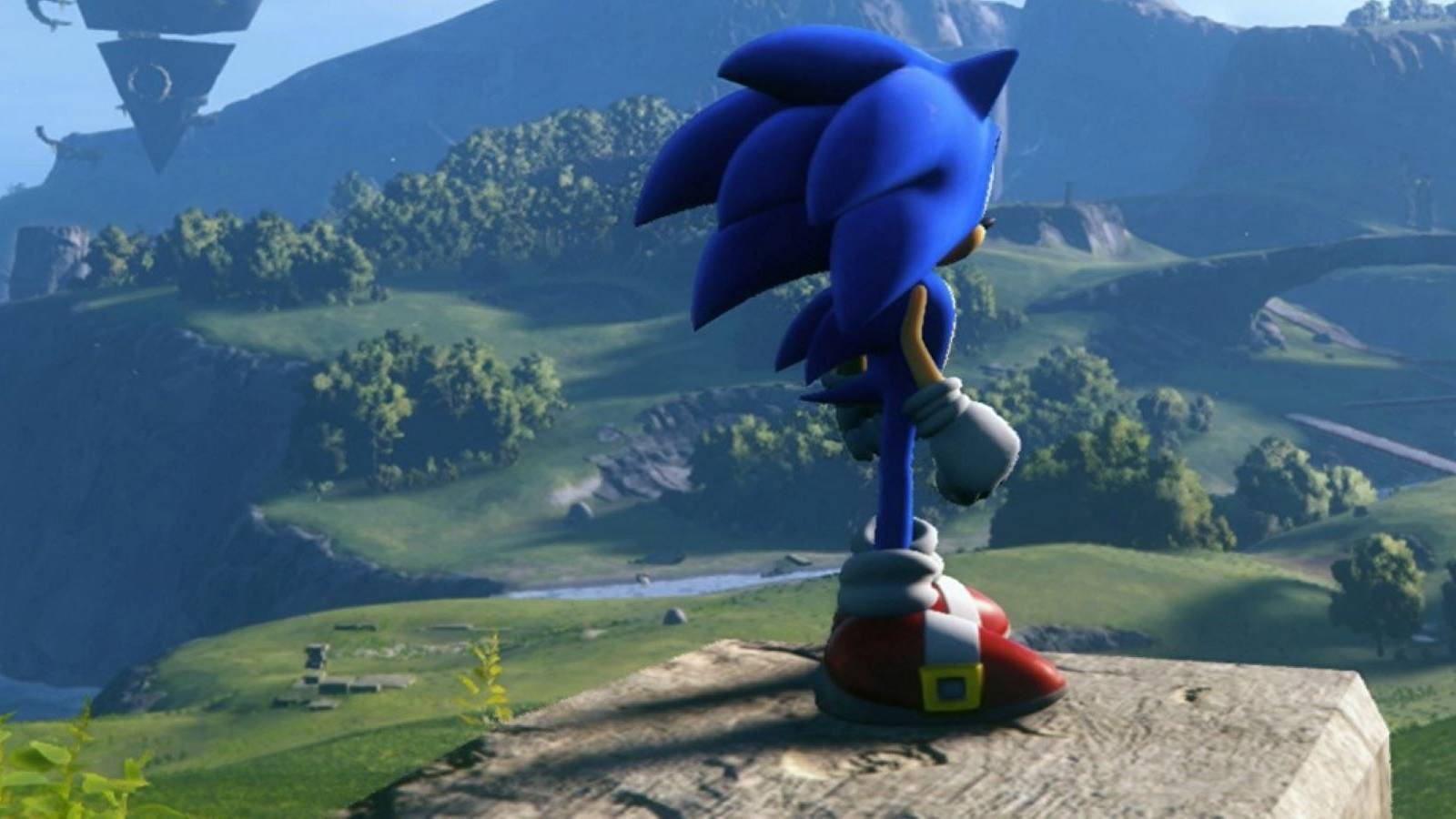 A close up of Sonic looking out over the Starfall Islands in Sonic Frontiers