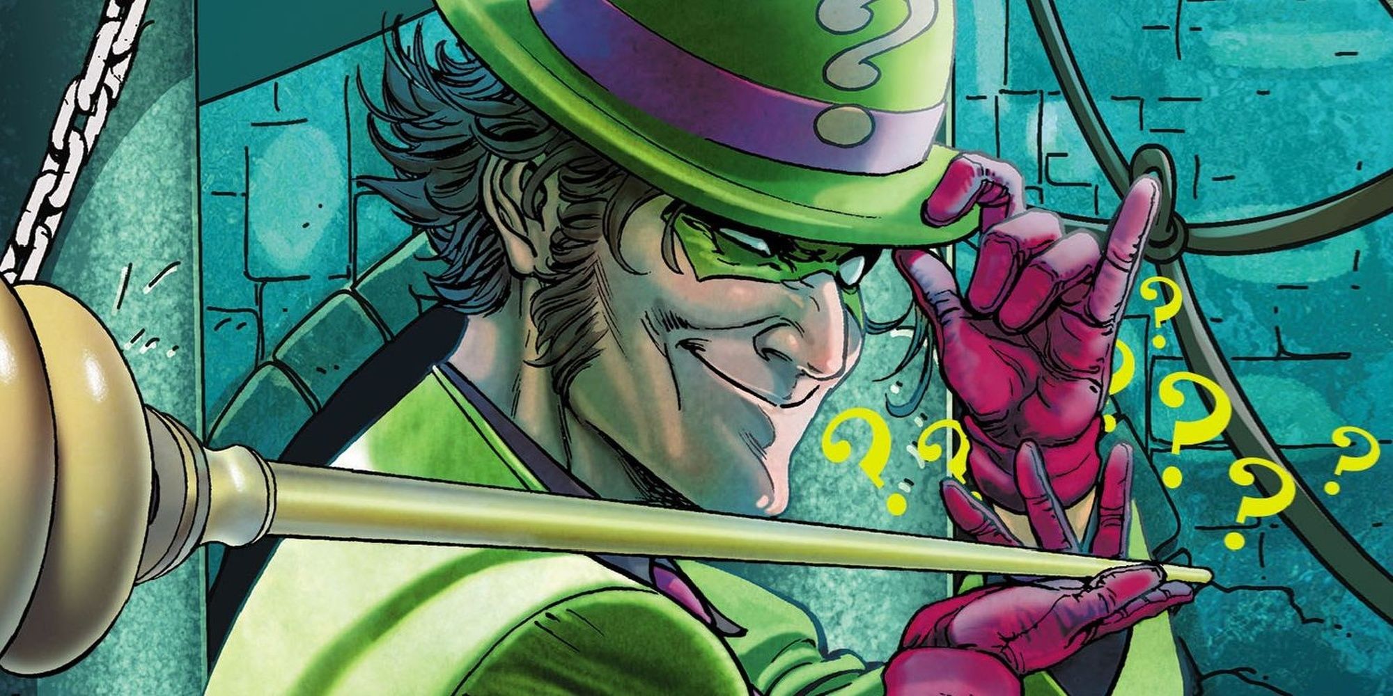 Riddler tipping his hat Cropped