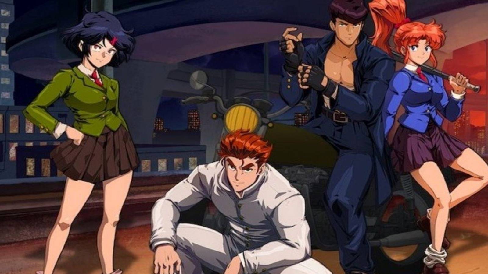 River City Girls Zero art showing Misako, Kunio, Riki, and Kyoko standing around a motorcycle on a highway