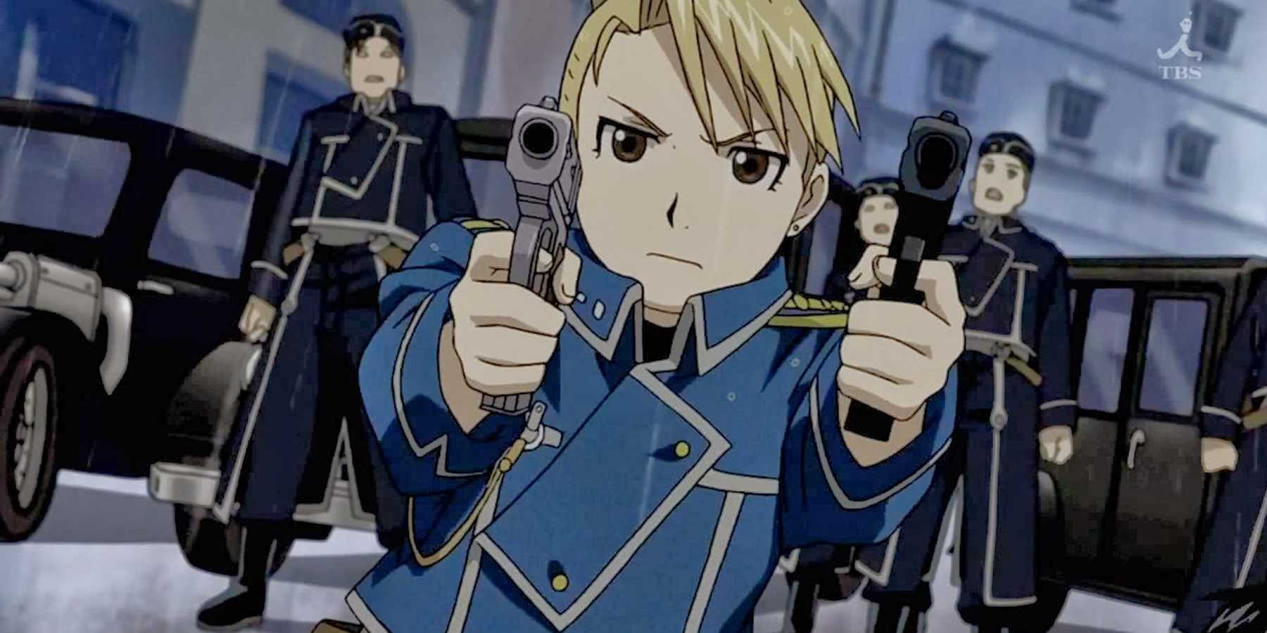 Riza Hawkeye shoots at some mannequin soldiers with her pistols in Fullmetal Alchemist: Brotherhood.