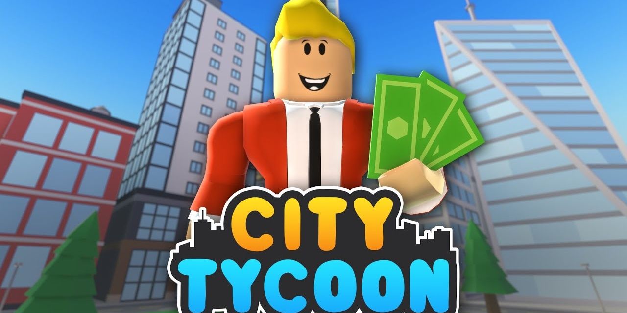Big City Tycoon image featuring a Roblox avatar smiling with a fan of cash and the City Tycoon Logo.