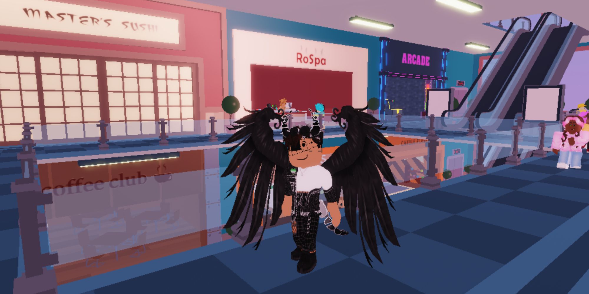 A Roblox avatar standing in the middle of a mall in Mall Tycoon, surrounded by different stores.