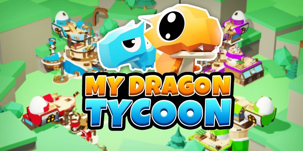 A blue and orange baby dragon sitting atop the My Dragon Tycoon logo with a village in the background.