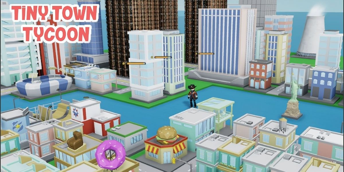 Аватар Roblox стоит в реке в окружении миниатюрных домиков и небоскребов. Логотип Tiny Town Tycoon находится в углу.
