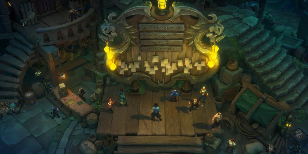 A top-down view of the characters looking at a board in Ruined King