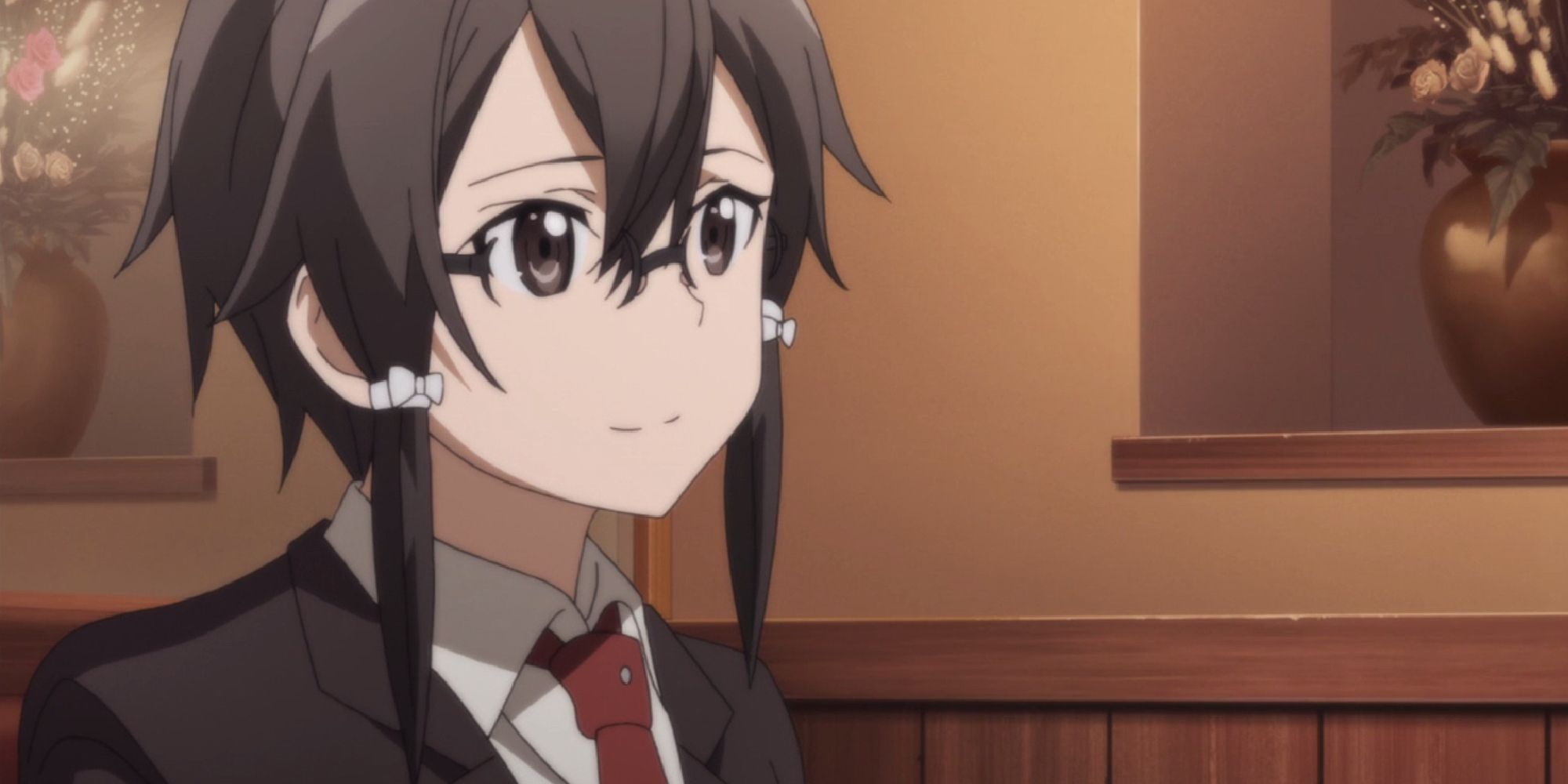 Asada Shino in her real-life look with glasses and school uniform in Sword Art Online
