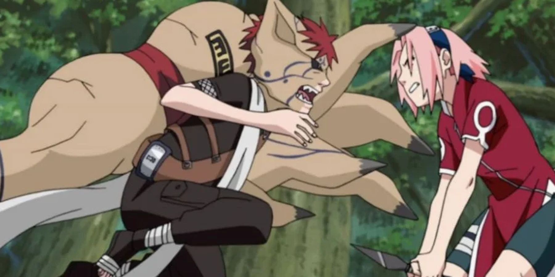 Sakura protects Naruto and Sasuke from Gaara
