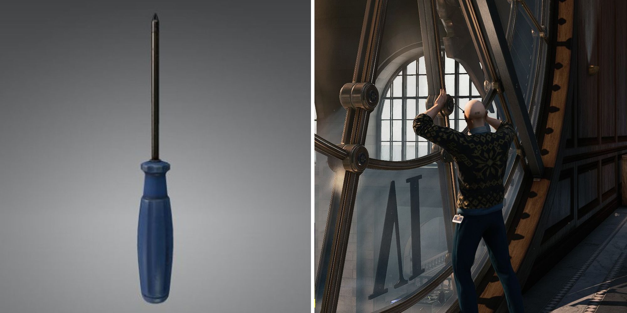 A closeup of the screwdriver. Second image shows Agent 47 tampering with a clock using the screwdriver, in New York