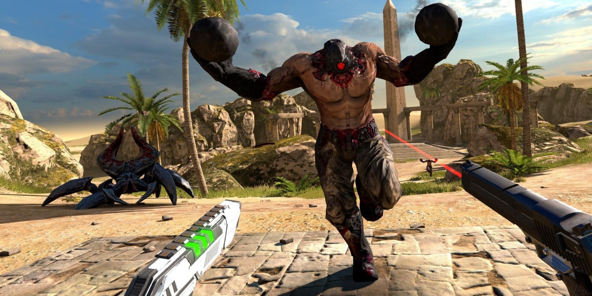 Serious Sam - Attacking a large monster while wielding 2 guns.