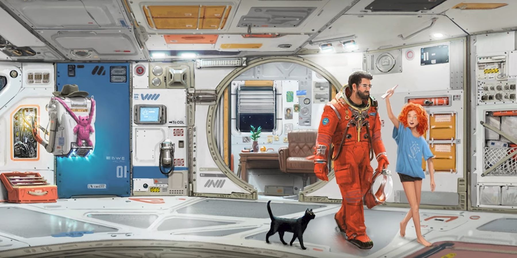 An astronaut, a child, and a cat walking through a space station in Starfield concept art