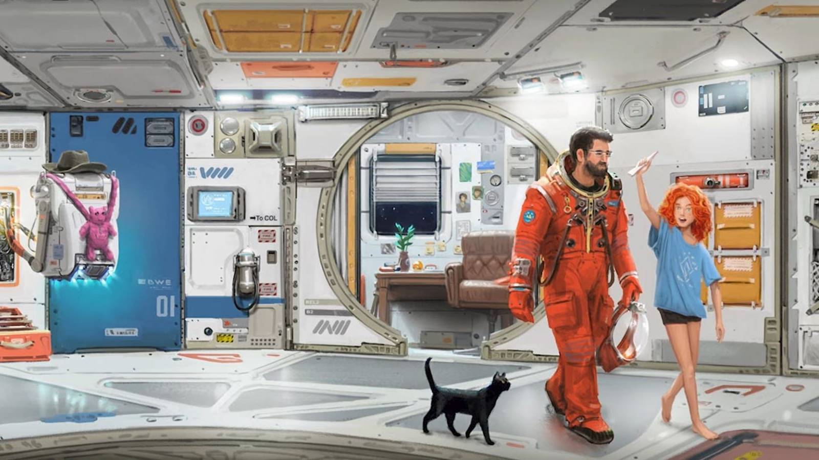 An astronaut, a child, and a cat walking through a space station in Starfield concept art