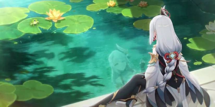 Shenhe next to a lake in Genshin Impact