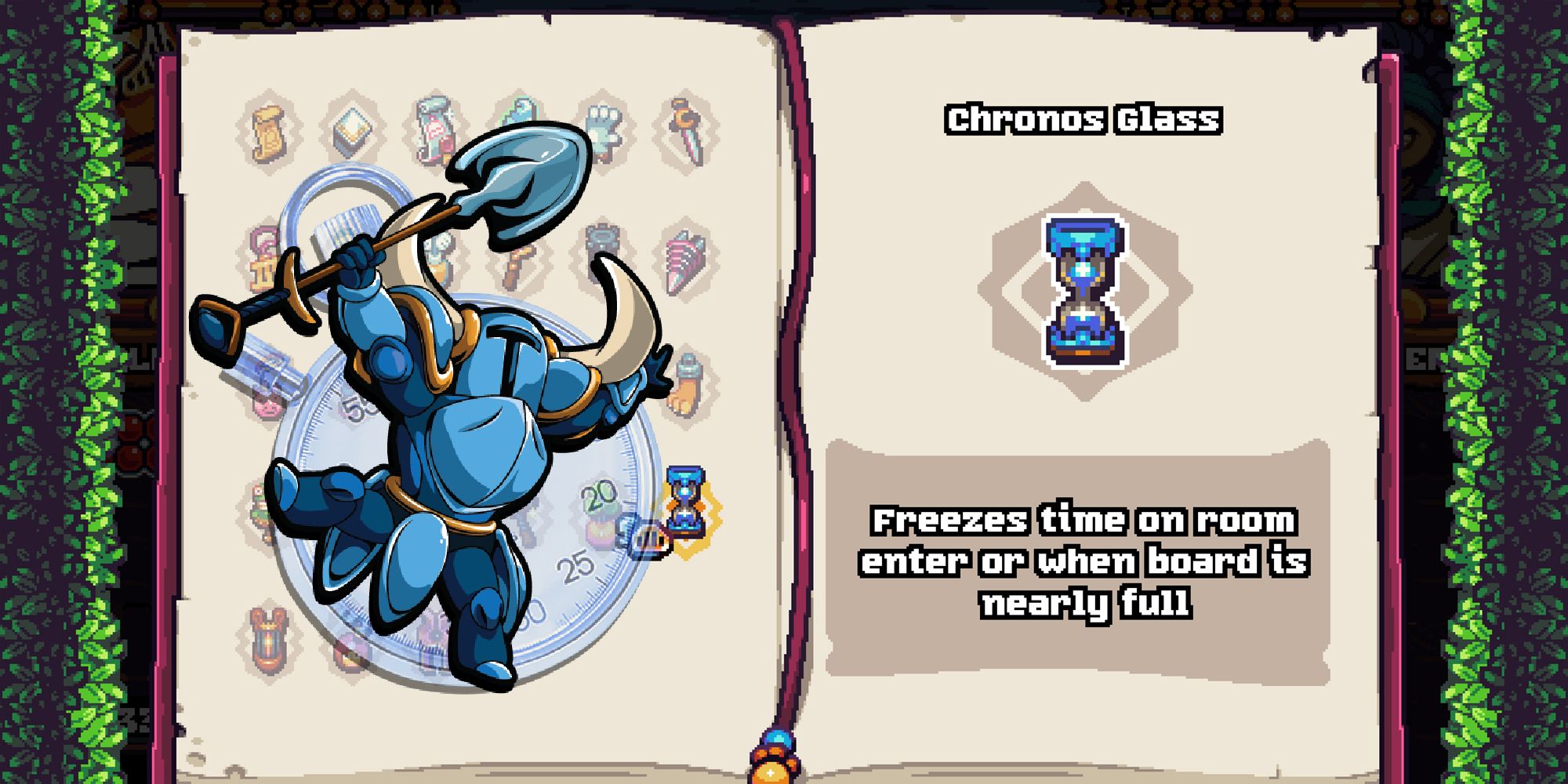 Shovel Knight Pocket Dungeon - The Chronos Glass Codex Entry With A PNG of Shovel Knight Jumping With A Frozen Clock Behind Him Overlaid On Top