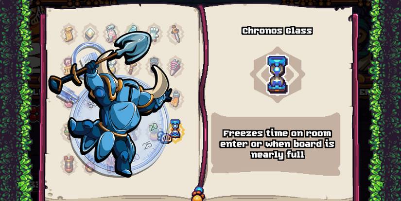 Shovel Knight Pocket Dungeon - The Chronos Glass Codex Entry With A PNG of Shovel Knight Jumping With A Frozen Clock Behind Him Overlaid On Top