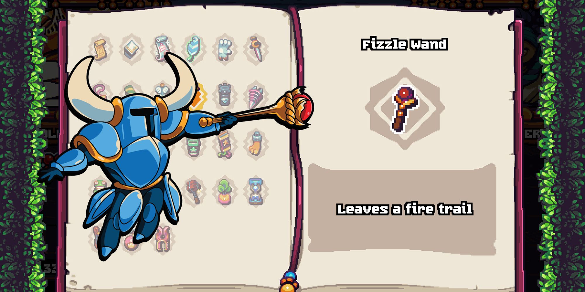 Shovel Knight Pocket Dungeon - The Fizzle Wand Codex Entry With A PNG Of Shovel Knight Using A Fizzle Wand Overlaid On Top
