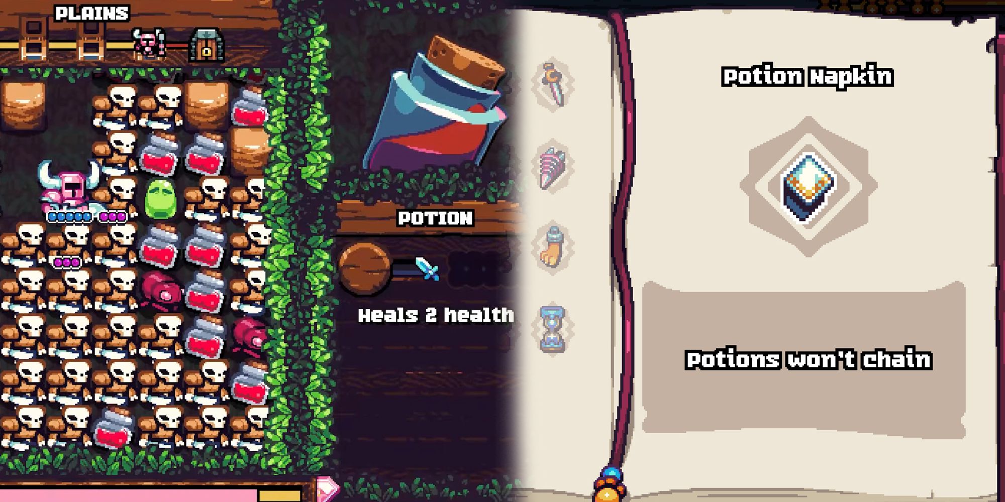 Shovel Knight Pocket Dungeon - The Potion Napkin Codex Entry With An Image Of Potions In Game Overlaid On Top