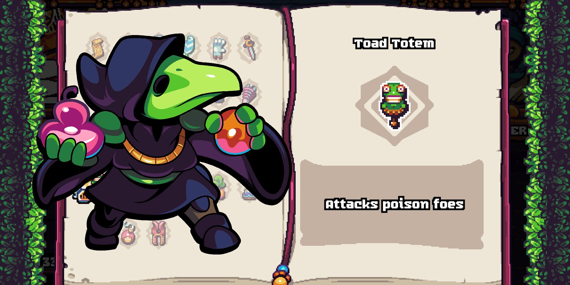 Shovel Knight Pocket Dungeon - The Toad Totem Codex Entry With A PNG of Plague Knight Overlaid On Top
