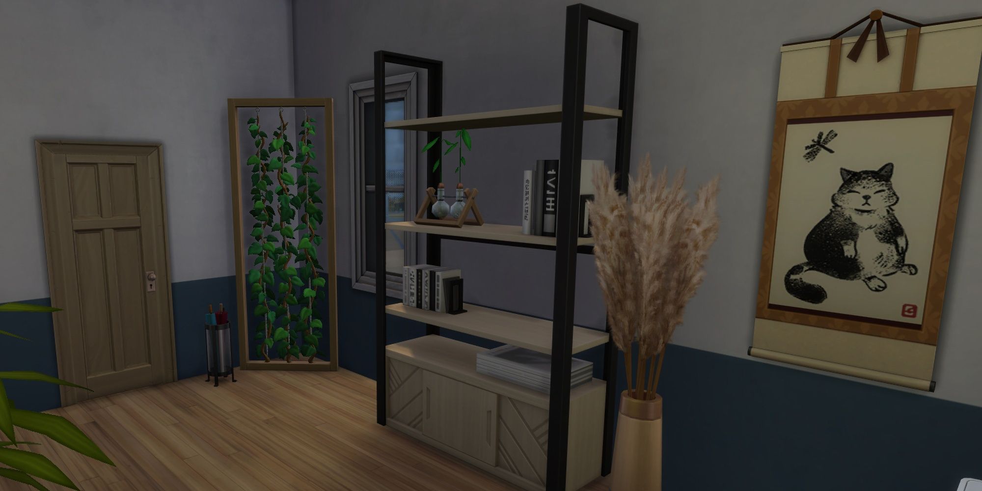 A Sims 4 bookshelf made of light wood framed in dark metal, holding books and small plants.
