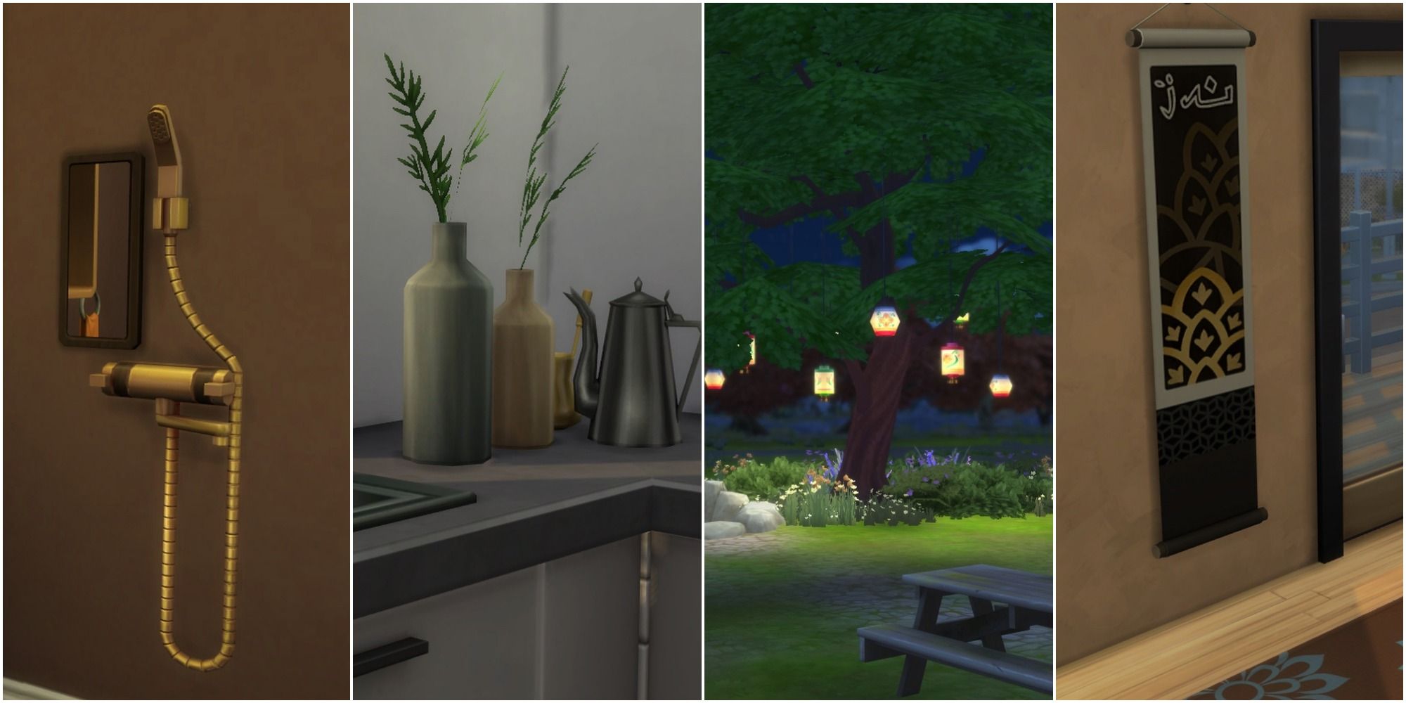 A brass shower, decorative bottles, a tree with lanterns, and a wall banner in The Sims 4.