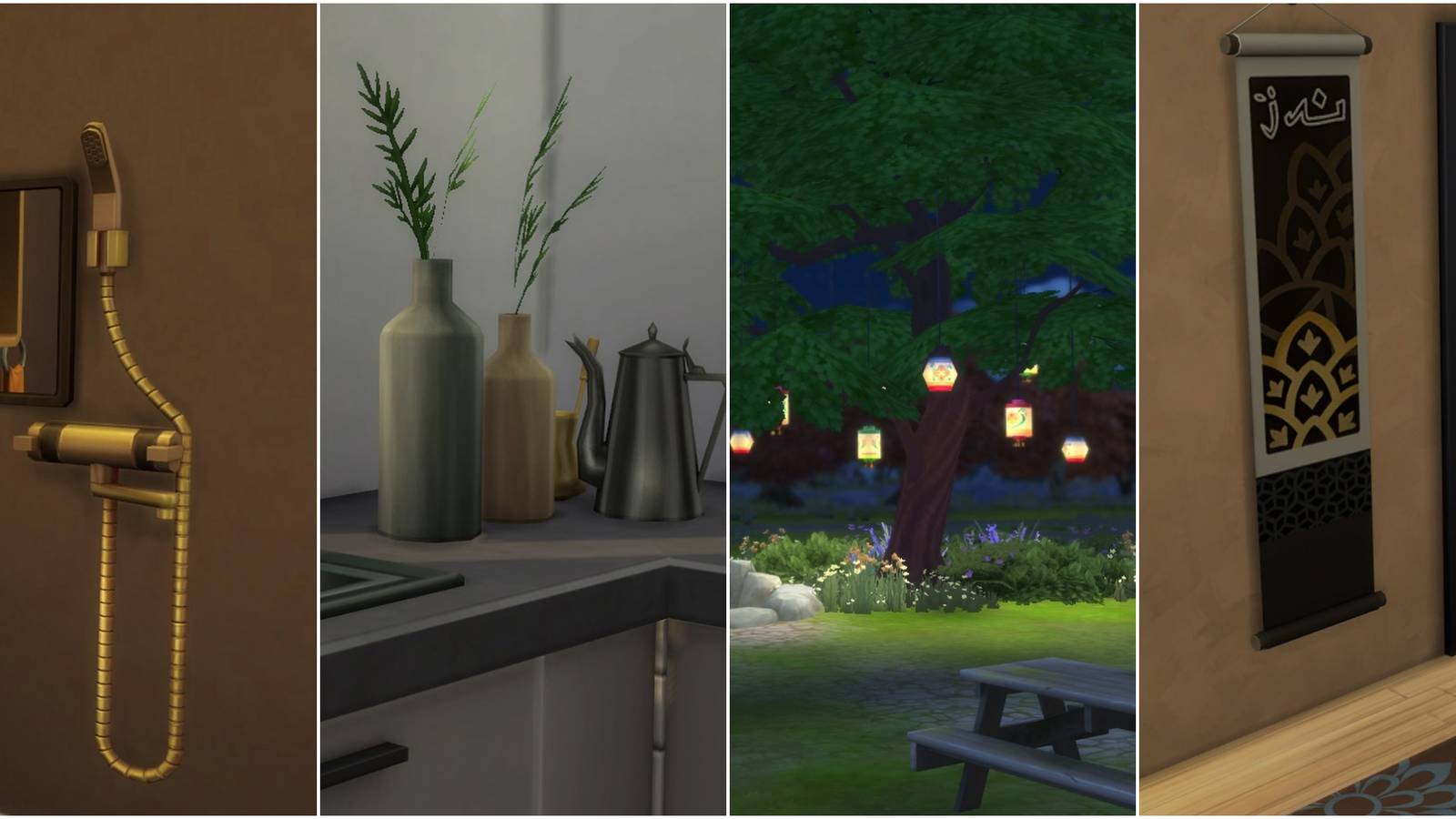 A brass shower, decorative bottles, a tree with lanterns, and a wall banner in The Sims 4.
