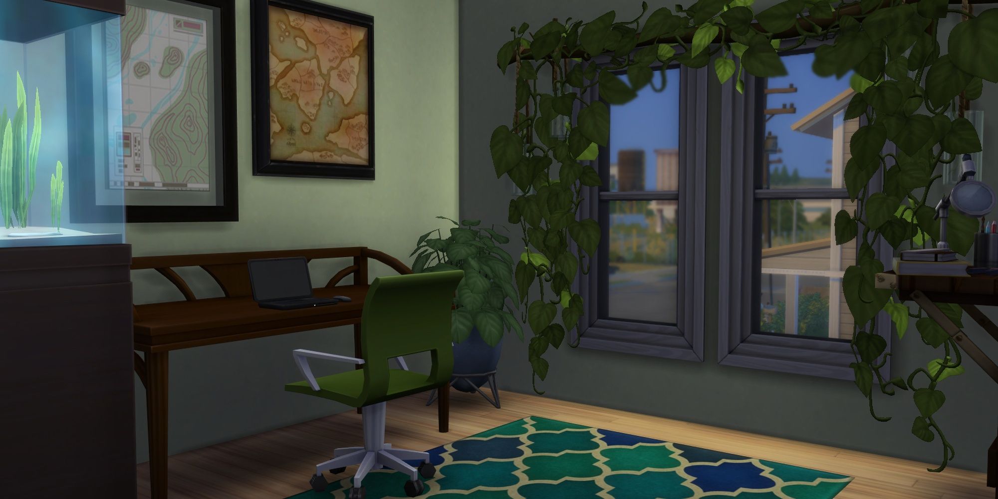 A dark wood desk holding a laptop in a green Sims 4 study filled with plants.