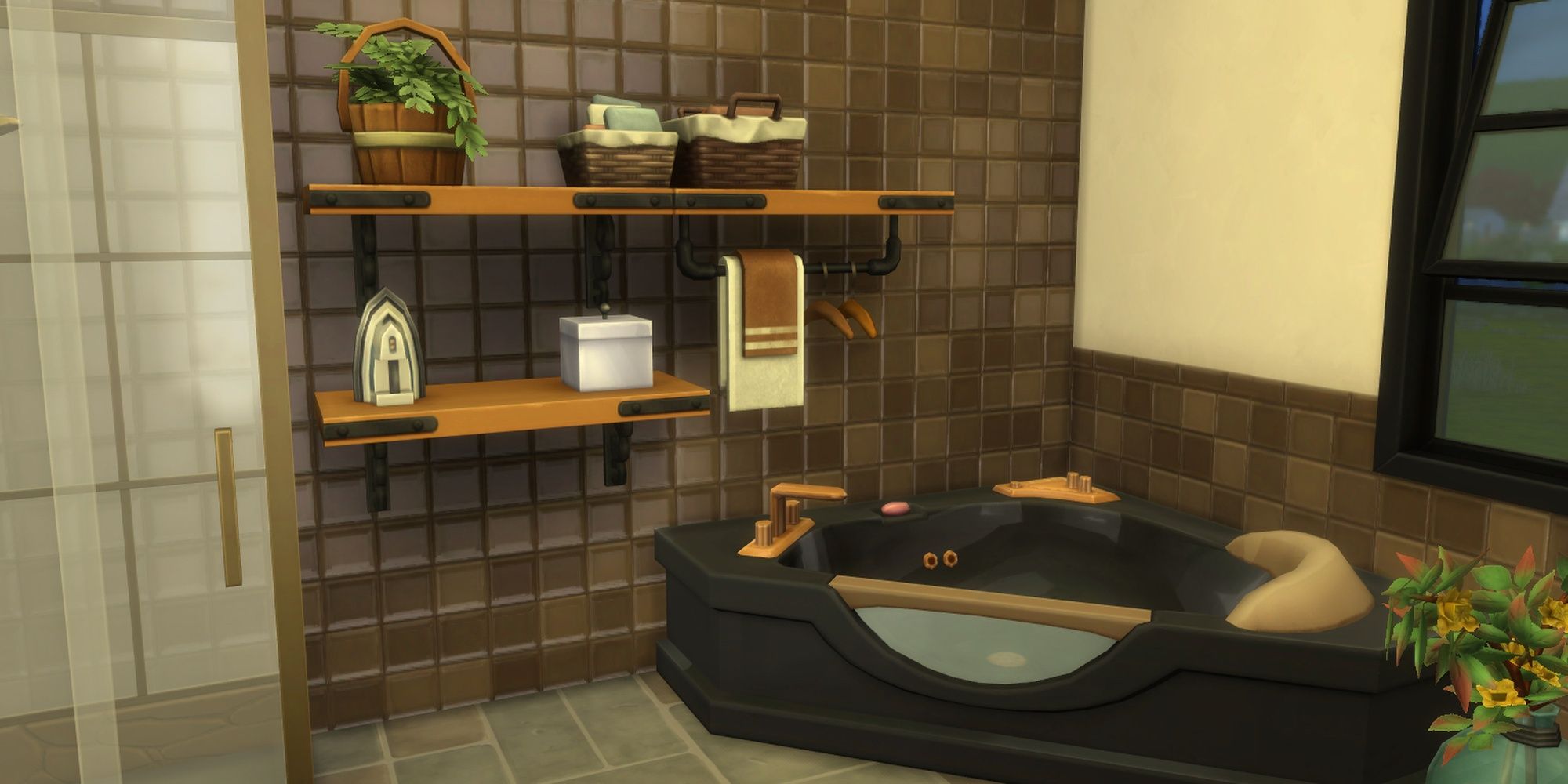 A gold, brown and black Sims 4 bathroom with wooden shelves holding laundry supplies.