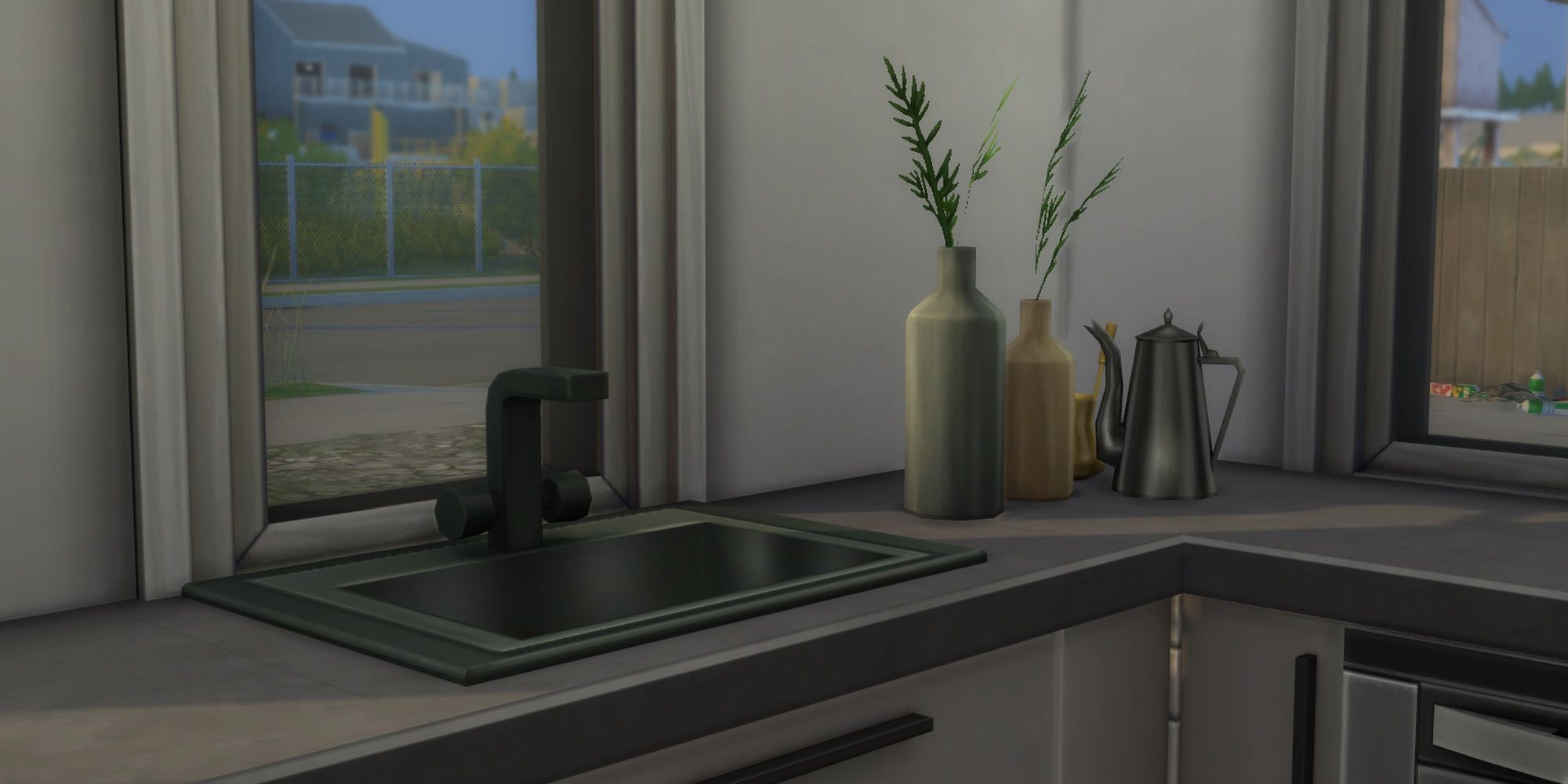 A couple of bottles holding small pine branches next to a kitchen sink in The Sims 4.