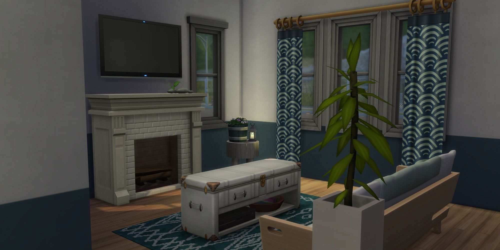 A living room in The Sims 4 styled in teal, white, and light wood with a patterned rug.