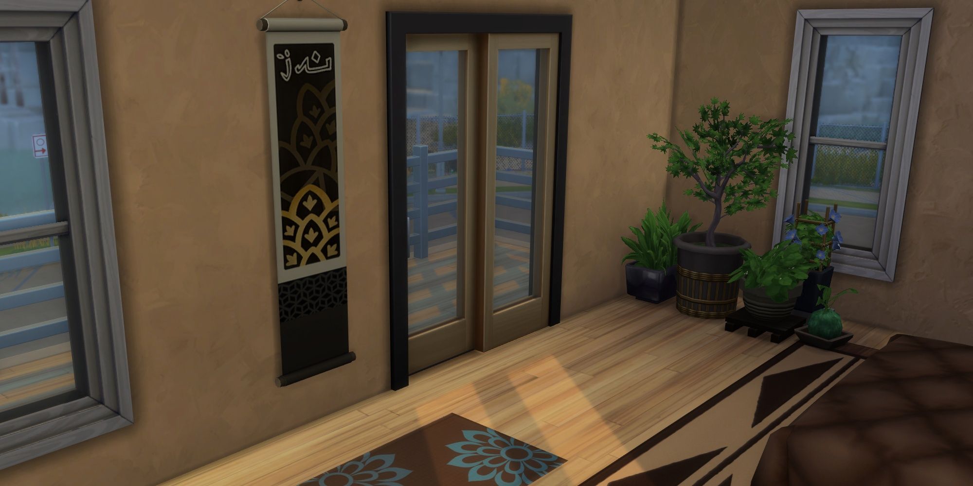 A brown and gold lotus wall banner on a bedroom wall in The Sims 4.